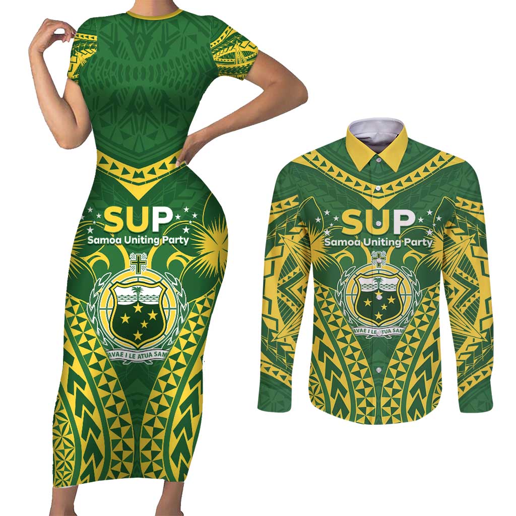 Samoa SUP Couples Matching Short Sleeve Bodycon Dress and Long Sleeve Button Shirt Samoan Coat Of Arms LT05 Green - Polynesian Pride