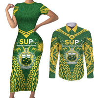 Samoa SUP Couples Matching Short Sleeve Bodycon Dress and Long Sleeve Button Shirt Samoan Coat Of Arms LT05 Green - Polynesian Pride
