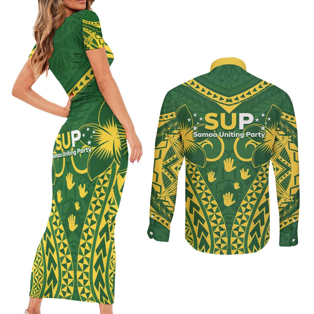 Samoa SUP Couples Matching Short Sleeve Bodycon Dress and Long Sleeve Button Shirt Samoan Coat Of Arms LT05 - Polynesian Pride