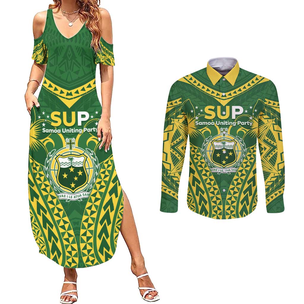 Samoa SUP Couples Matching Summer Maxi Dress and Long Sleeve Button Shirt Samoan Coat Of Arms LT05 Green - Polynesian Pride