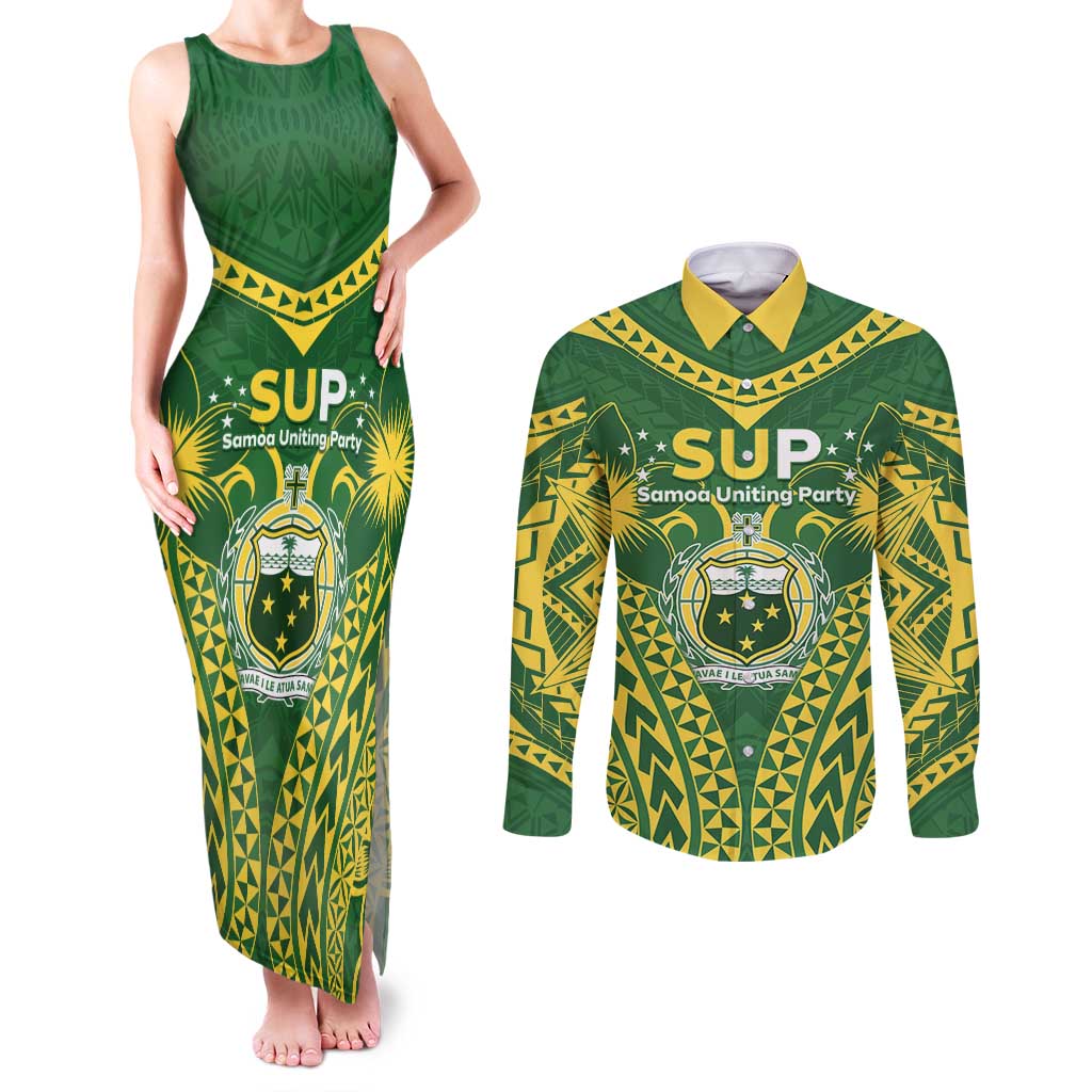 Samoa SUP Couples Matching Tank Maxi Dress and Long Sleeve Button Shirt Samoan Coat Of Arms LT05 Green - Polynesian Pride