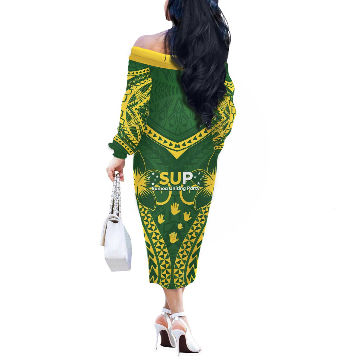 Samoa SUP Off The Shoulder Long Sleeve Dress Samoan Coat Of Arms - Polynesian Pride