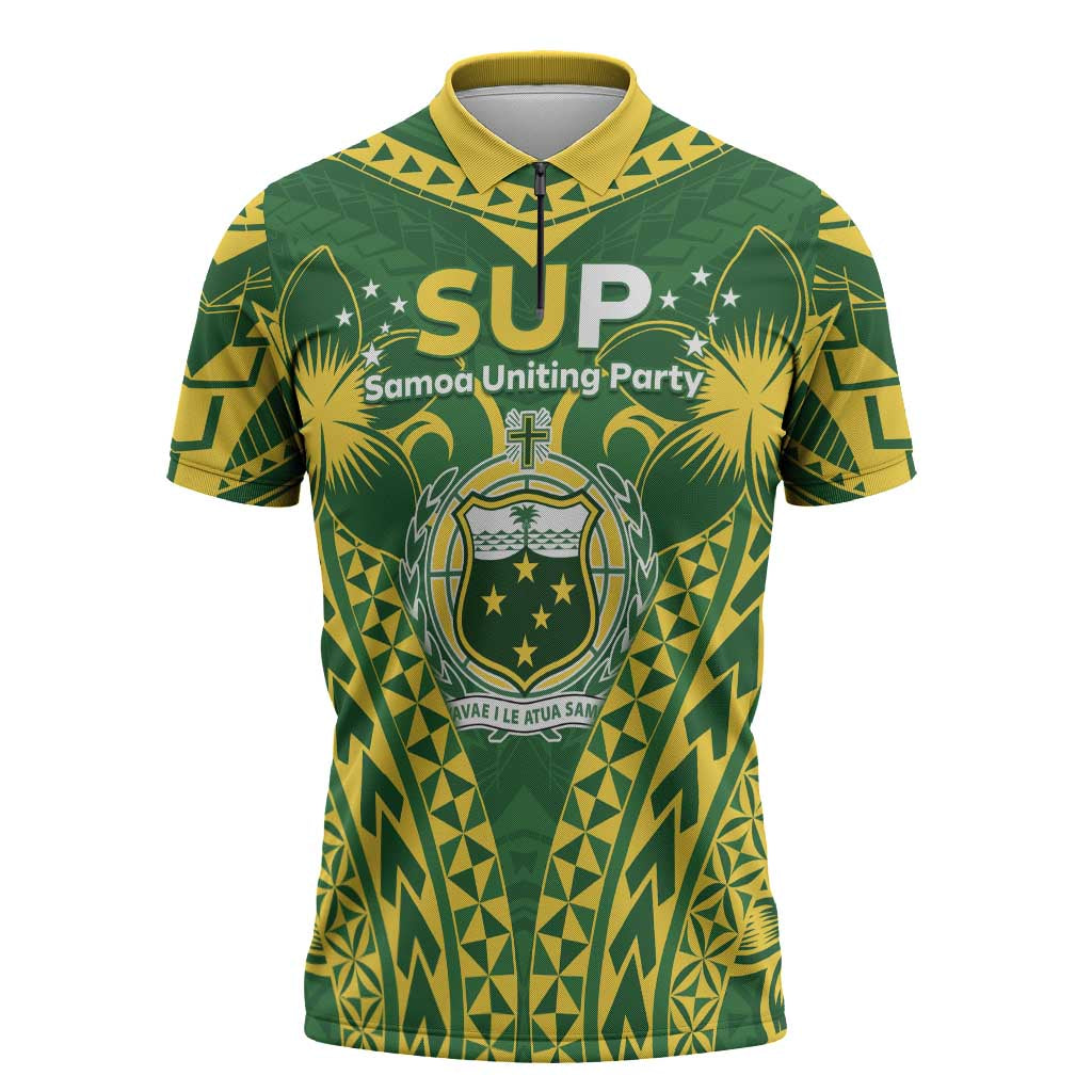 Samoa SUP Zipper Polo Shirt Samoan Coat Of Arms LT05 Green - Polynesian Pride