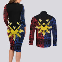 Philippines Sun Star Couples Matching Long Sleeve Bodycon Dress and Long Sleeve Button Shirt Igorot Tribal Inspiration - Polynesian Pride