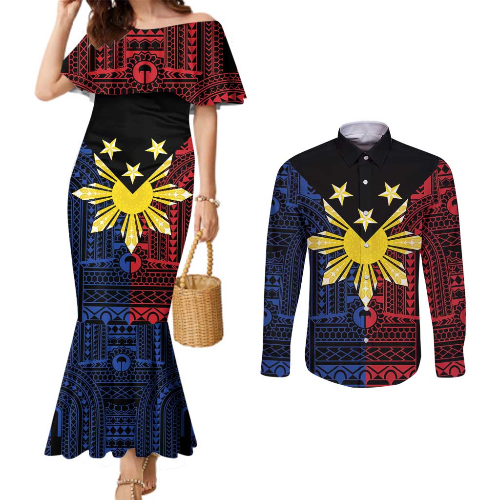 Philippines Sun Star Couples Matching Mermaid Dress and Long Sleeve Button Shirt Igorot Tribal Inspiration LT05 Black - Polynesian Pride