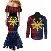 Philippines Sun Star Couples Matching Mermaid Dress and Long Sleeve Button Shirt Igorot Tribal Inspiration LT05 - Polynesian Pride