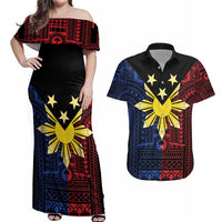 Philippines Sun Star Couples Matching Off Shoulder Maxi Dress and Hawaiian Shirt Igorot Tribal Inspiration - Polynesian Pride