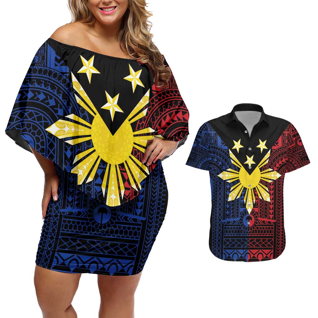 Philippines Sun Star Couples Matching Off Shoulder Short Dress and Hawaiian Shirt Igorot Tribal Inspiration - Polynesian Pride