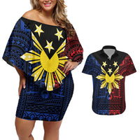Philippines Sun Star Couples Matching Off Shoulder Short Dress and Hawaiian Shirt Igorot Tribal Inspiration - Polynesian Pride