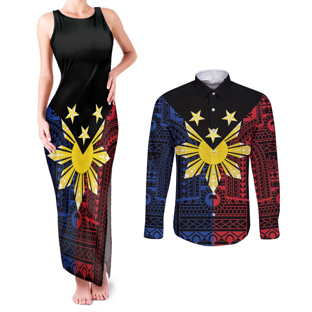 Philippines Sun Star Couples Matching Tank Maxi Dress and Long Sleeve Button Shirt Igorot Tribal Inspiration LT05 Black - Polynesian Pride