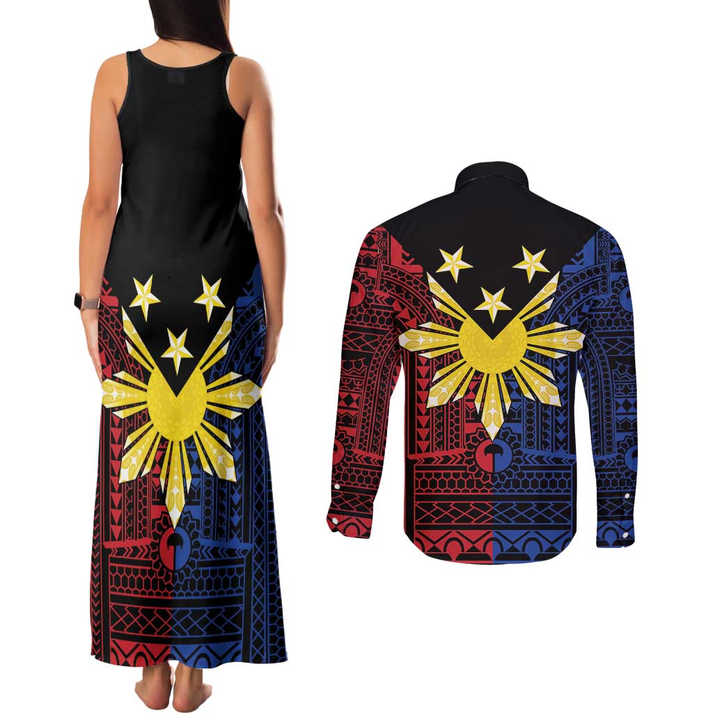 Philippines Sun Star Couples Matching Tank Maxi Dress and Long Sleeve Button Shirt Igorot Tribal Inspiration LT05 - Polynesian Pride