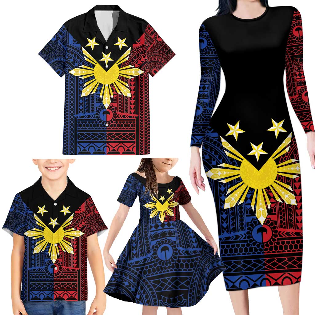 Philippines Sun Star Family Matching Long Sleeve Bodycon Dress and Hawaiian Shirt Igorot Tribal Inspiration - Polynesian Pride