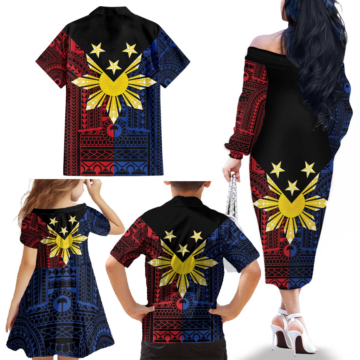 Philippines Sun Star Family Matching Off The Shoulder Long Sleeve Dress and Hawaiian Shirt Igorot Tribal Inspiration - Polynesian Pride