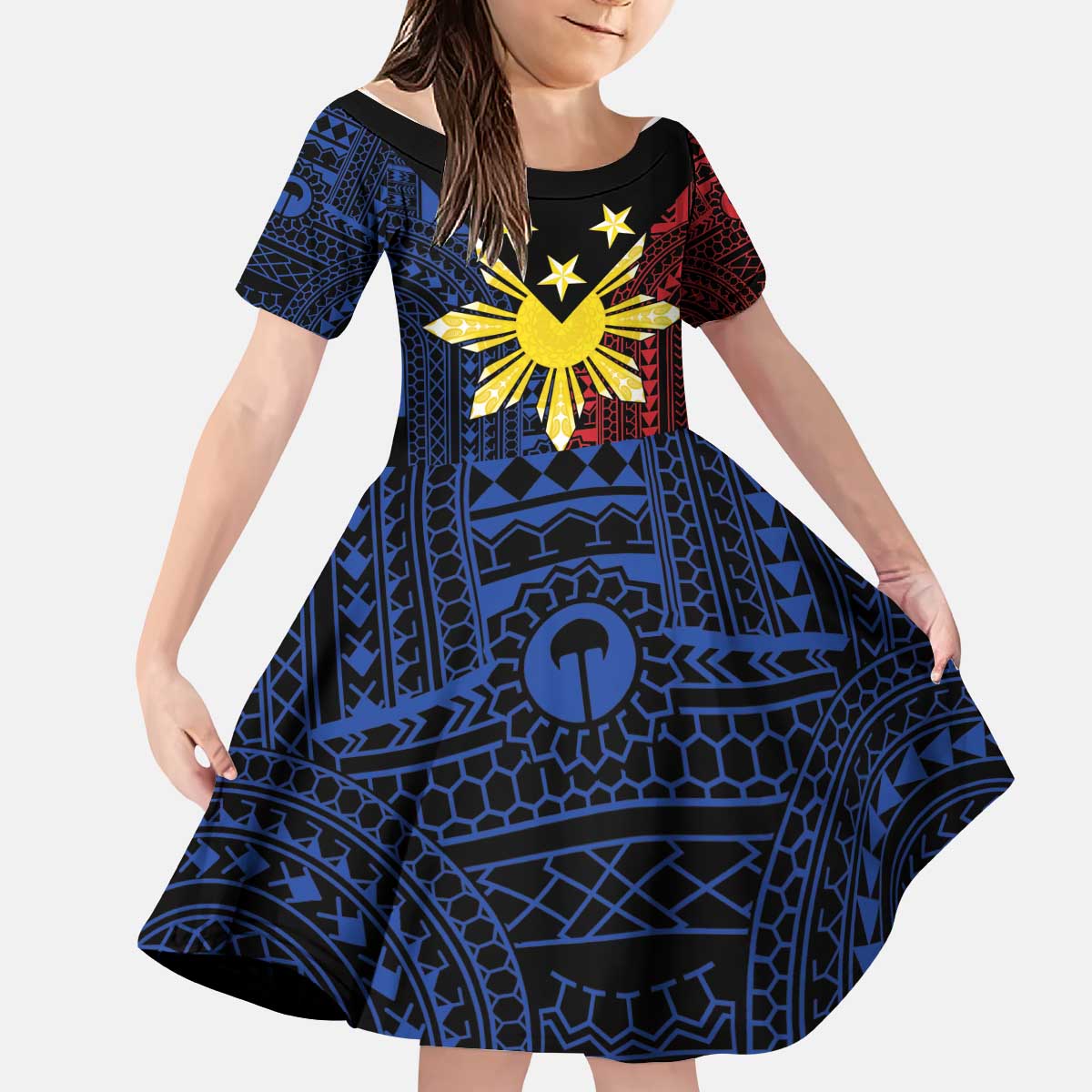 Philippines Sun Star Kid Short Sleeve Dress Igorot Tribal Inspiration - Polynesian Pride