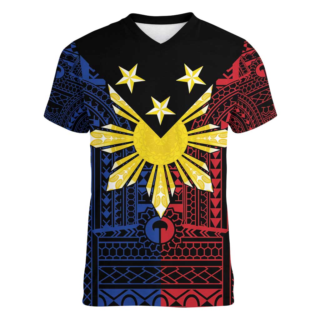 Philippines Sun Star Women V-Neck T-Shirt Igorot Tribal Inspiration - Polynesian Pride