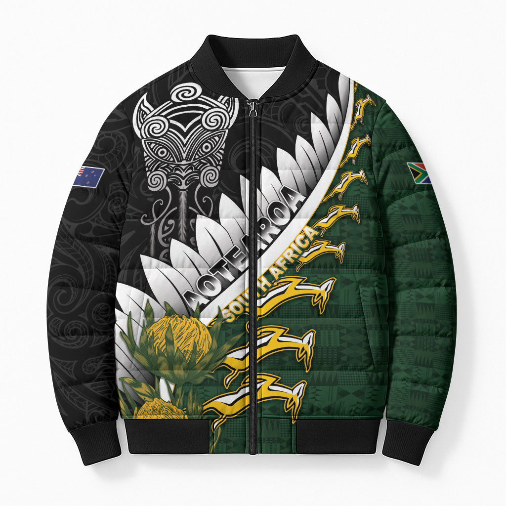 Custom Rugby New Zealand And South Africa Bomber Puffer Jacket Silver Fern With Springboks