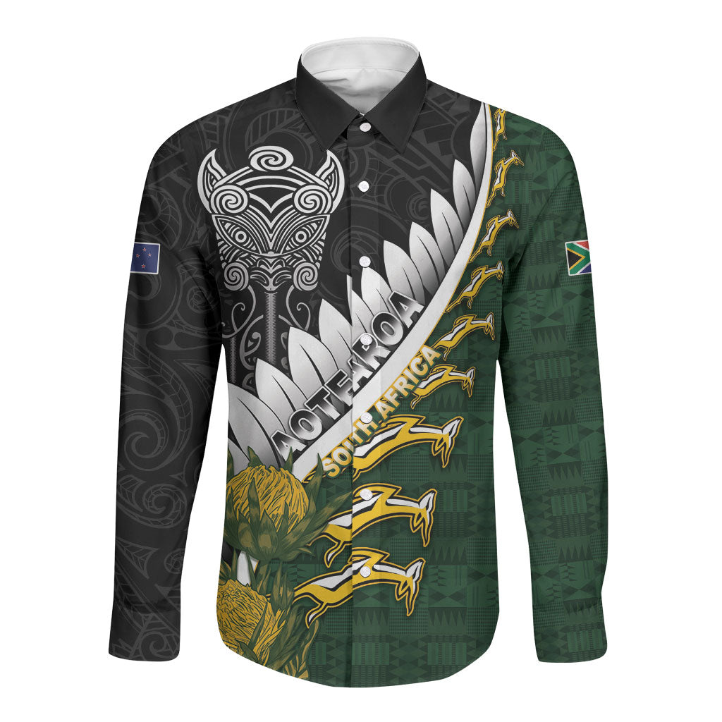Custom Rugby New Zealand And South Africa Long Sleeve Button Shirt Silver Fern With Springboks LT05 Unisex Black - Polynesian Pride