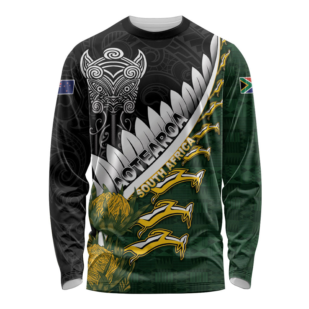 Custom Rugby New Zealand And South Africa Long Sleeve Shirt Silver Fern With Springboks LT05 Unisex Black - Polynesian Pride