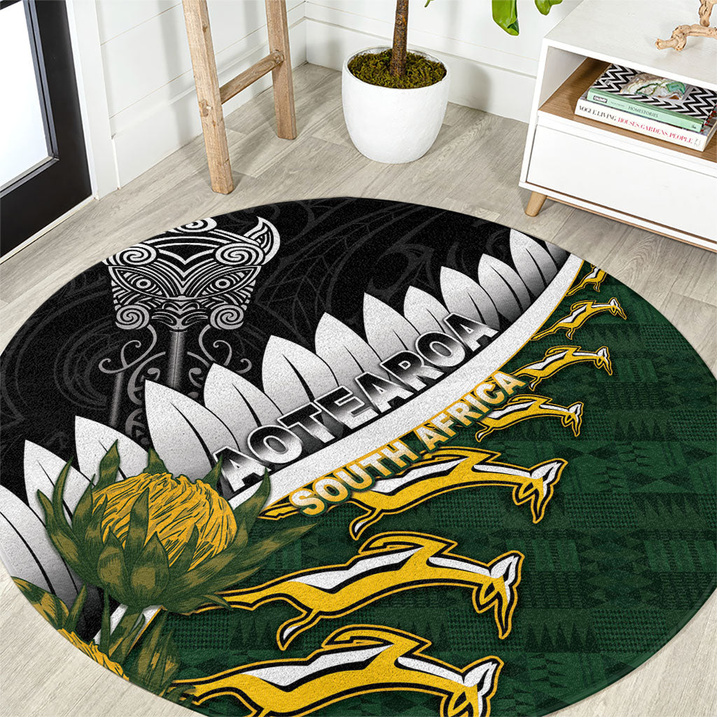 Rugby New Zealand And South Africa Round Carpet Silver Fern With Springboks