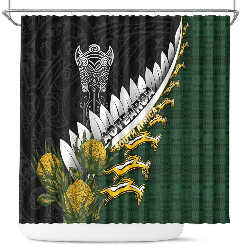 Rugby New Zealand And South Africa Shower Curtain Silver Fern With Springboks LT05 Black - Polynesian Pride