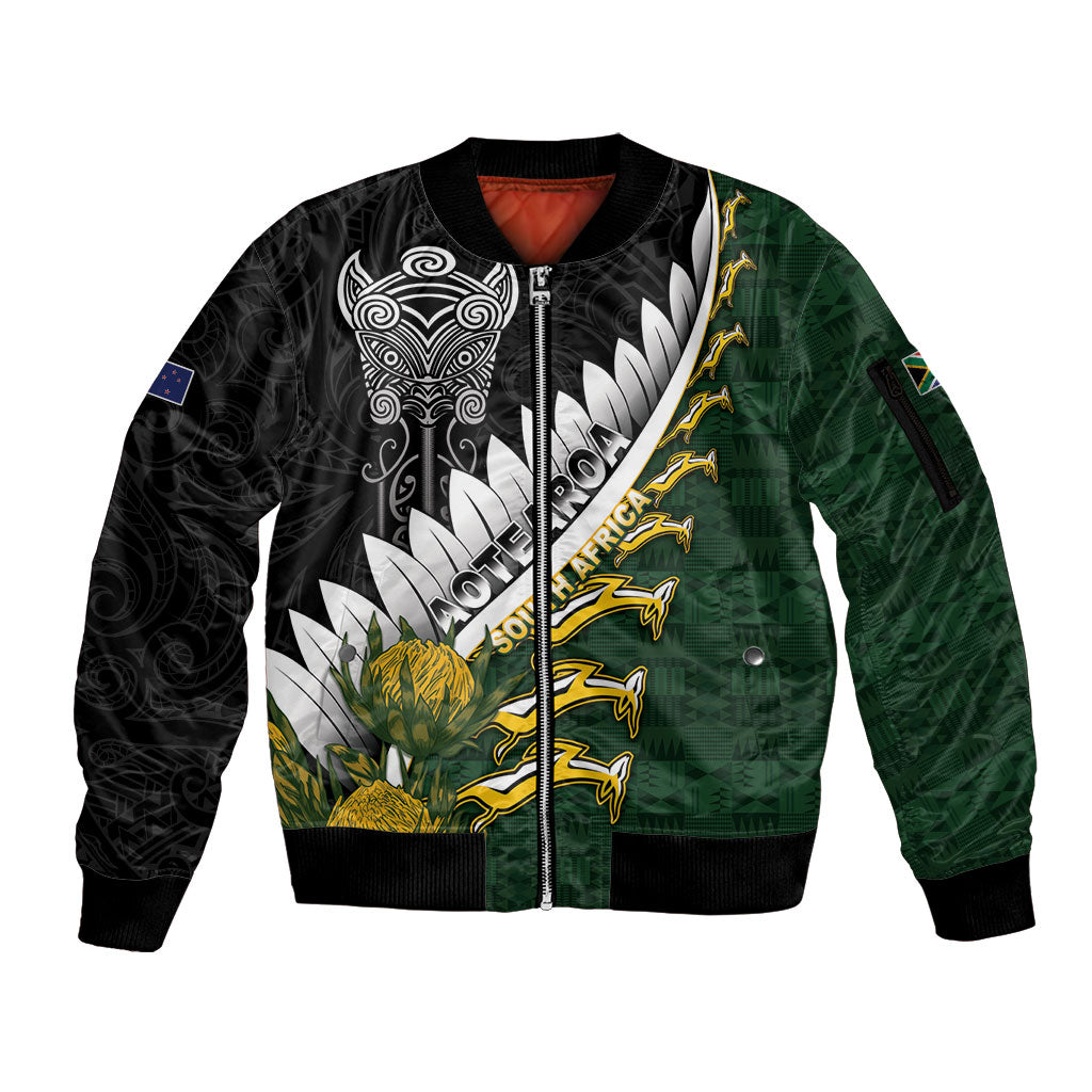 Custom Rugby New Zealand And South Africa Sleeve Zip Bomber Jacket Silver Fern With Springboks