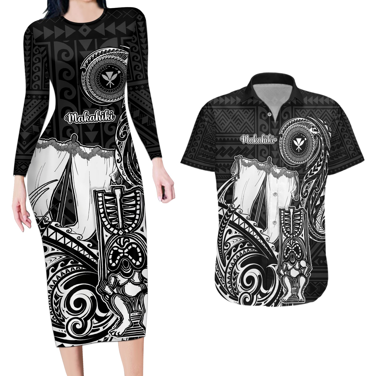 Personalized Hawaii Makahiki Season Couples Matching Long Sleeve Bodycon Dress and Hawaiian Shirt Akua Loa Polynesian Pattern LT05 Black - Polynesian Pride