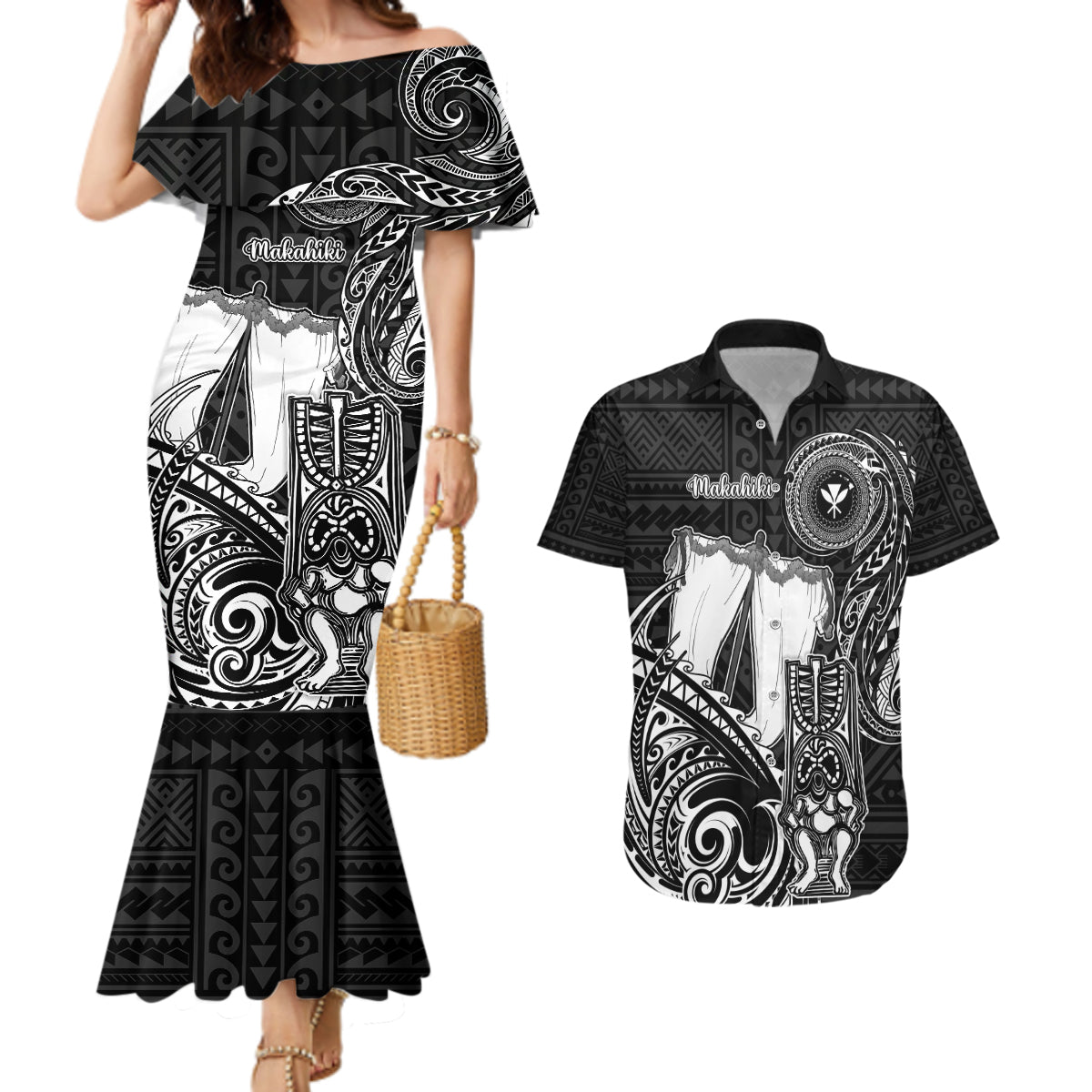 Personalized Hawaii Makahiki Season Couples Matching Mermaid Dress and Hawaiian Shirt Akua Loa Polynesian Pattern LT05 Black - Polynesian Pride