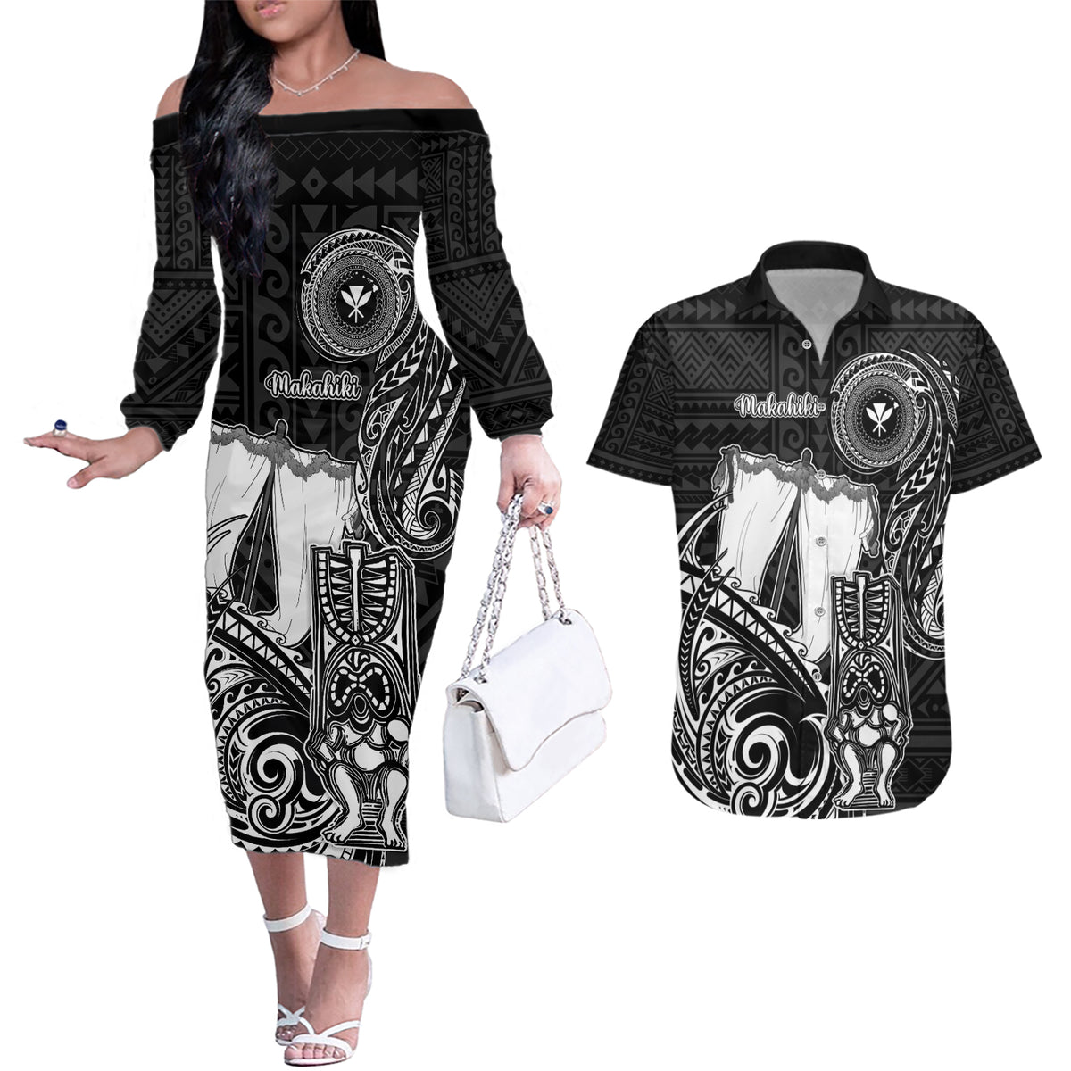 Personalized Hawaii Makahiki Season Couples Matching Off The Shoulder Long Sleeve Dress and Hawaiian Shirt Akua Loa Polynesian Pattern LT05 Black - Polynesian Pride