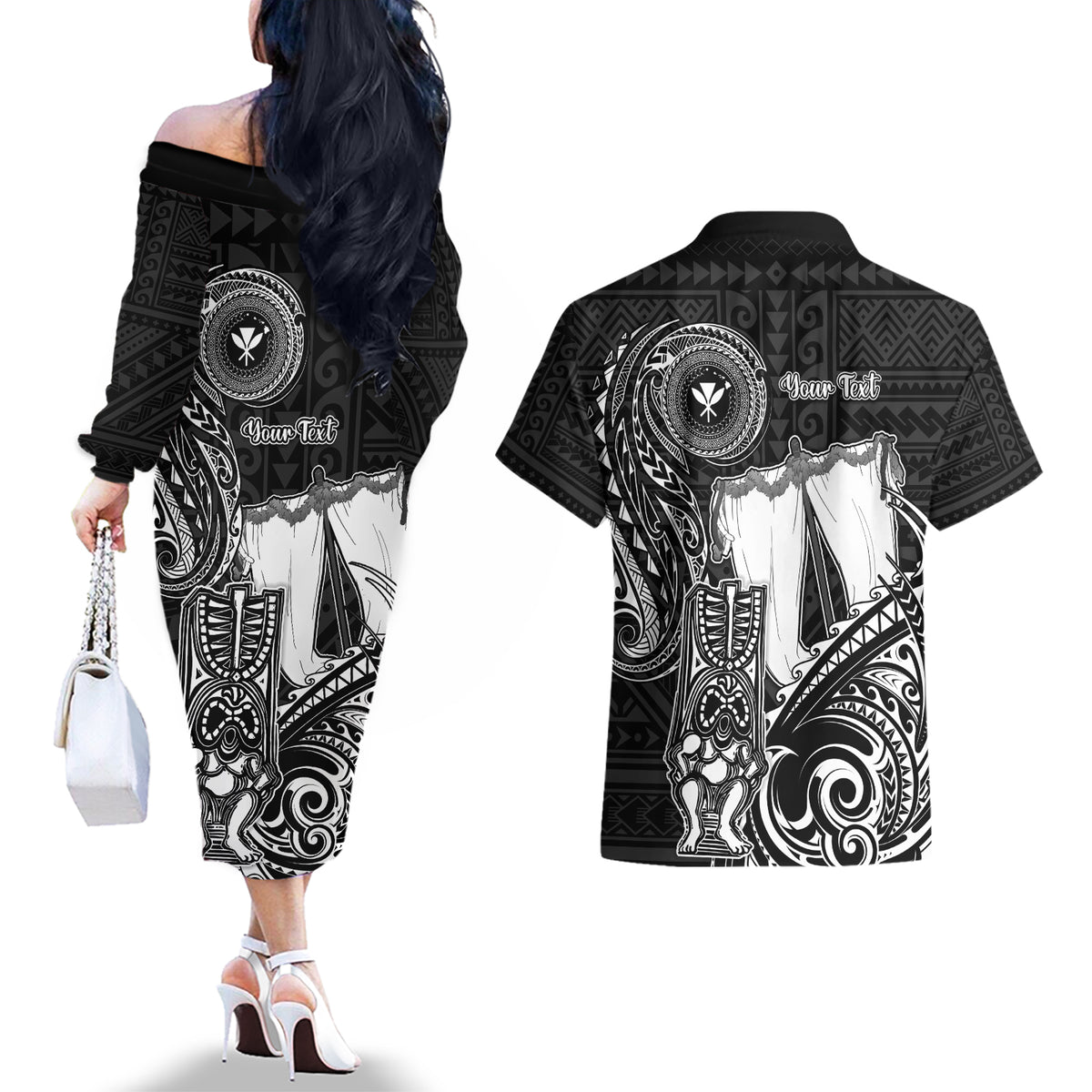 Personalized Hawaii Makahiki Season Couples Matching Off The Shoulder Long Sleeve Dress and Hawaiian Shirt Akua Loa Polynesian Pattern LT05 - Polynesian Pride