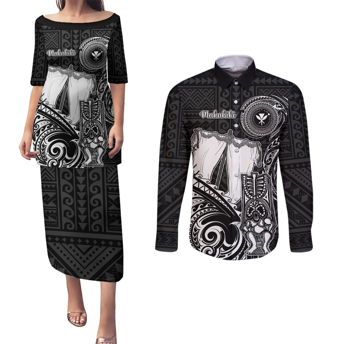 Personalized Hawaii Makahiki Season Couples Matching Puletasi Dress and Long Sleeve Button Shirts Akua Loa Polynesian Pattern LT05 Black - Polynesian Pride