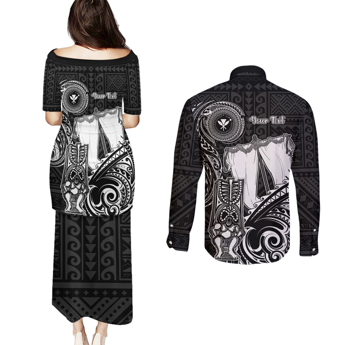 Personalized Hawaii Makahiki Season Couples Matching Puletasi Dress and Long Sleeve Button Shirts Akua Loa Polynesian Pattern LT05 - Polynesian Pride