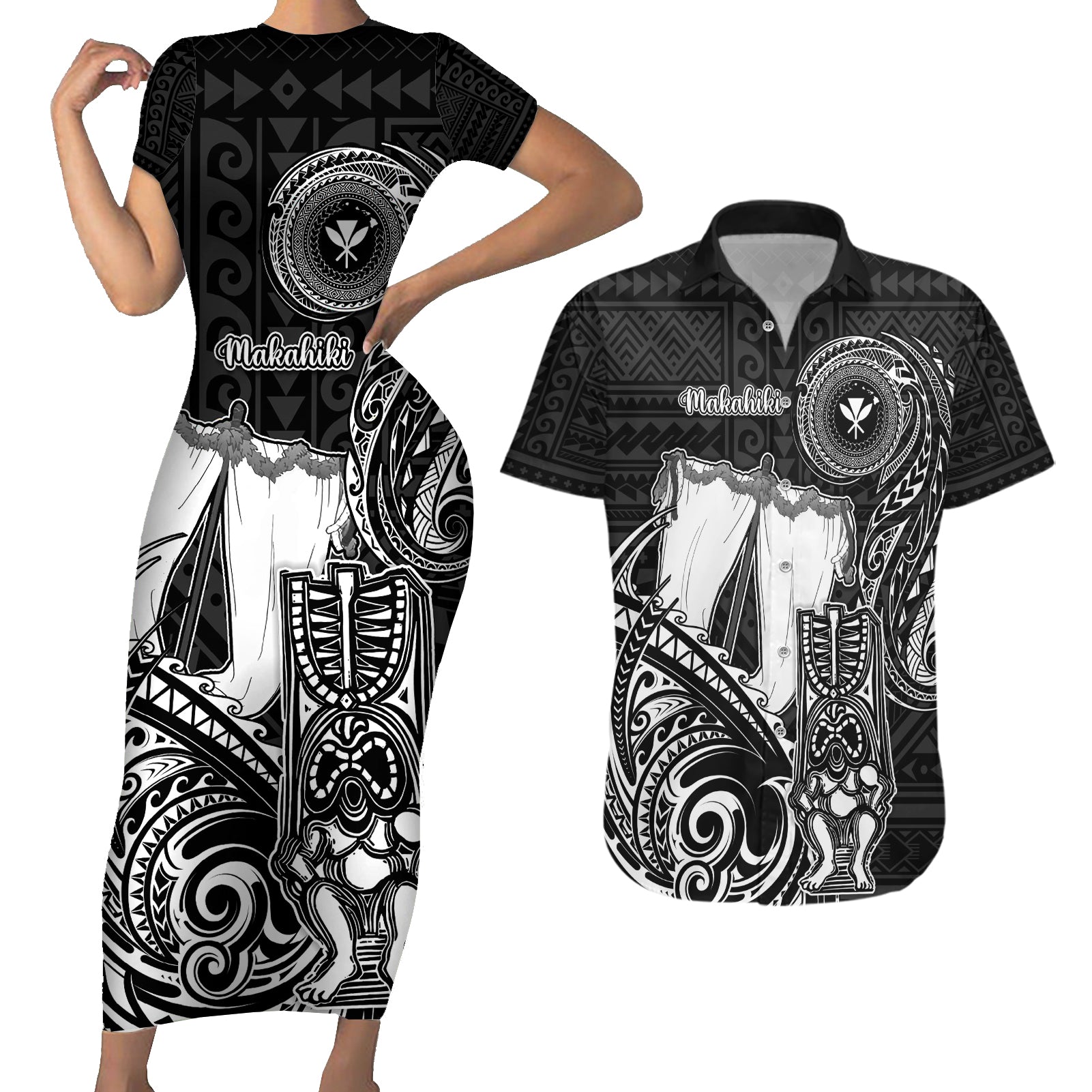 Personalized Hawaii Makahiki Season Couples Matching Short Sleeve Bodycon Dress and Hawaiian Shirt Akua Loa Polynesian Pattern LT05 Black - Polynesian Pride