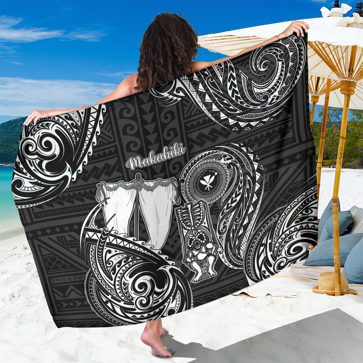 Hawaii Makahiki Season Sarong Akua Loa Polynesian Pattern LT05 One Size 44 x 66 inches Black - Polynesian Pride