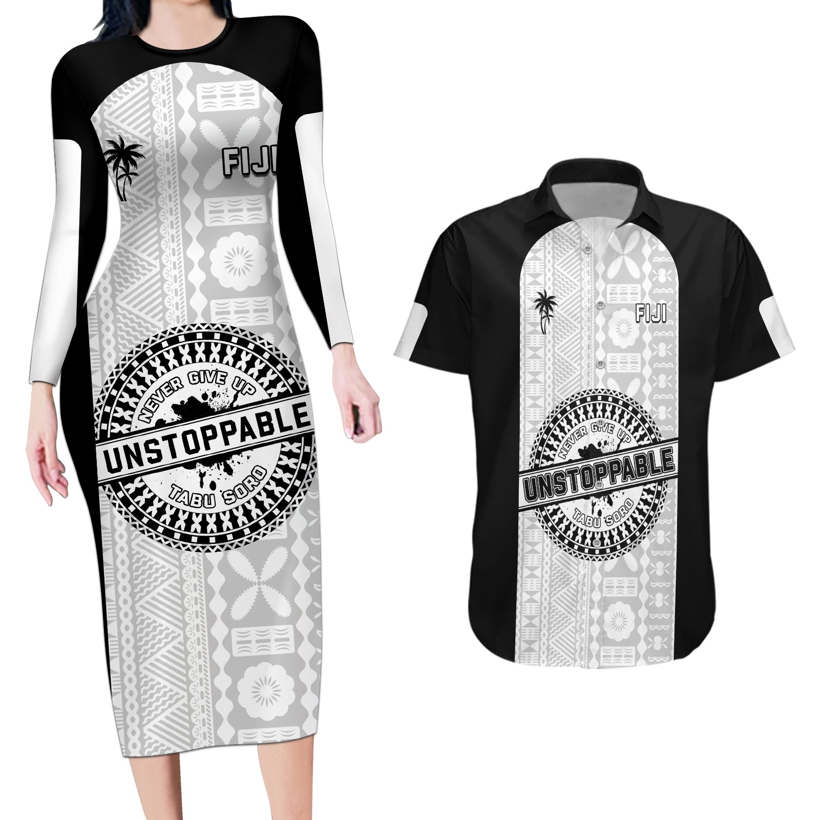 Personalized Fiji Obstacle Race 2023 Couples Matching Long Sleeve Bodycon Dress and Hawaiian Shirt Never Give Up LT05 Black - Polynesian Pride