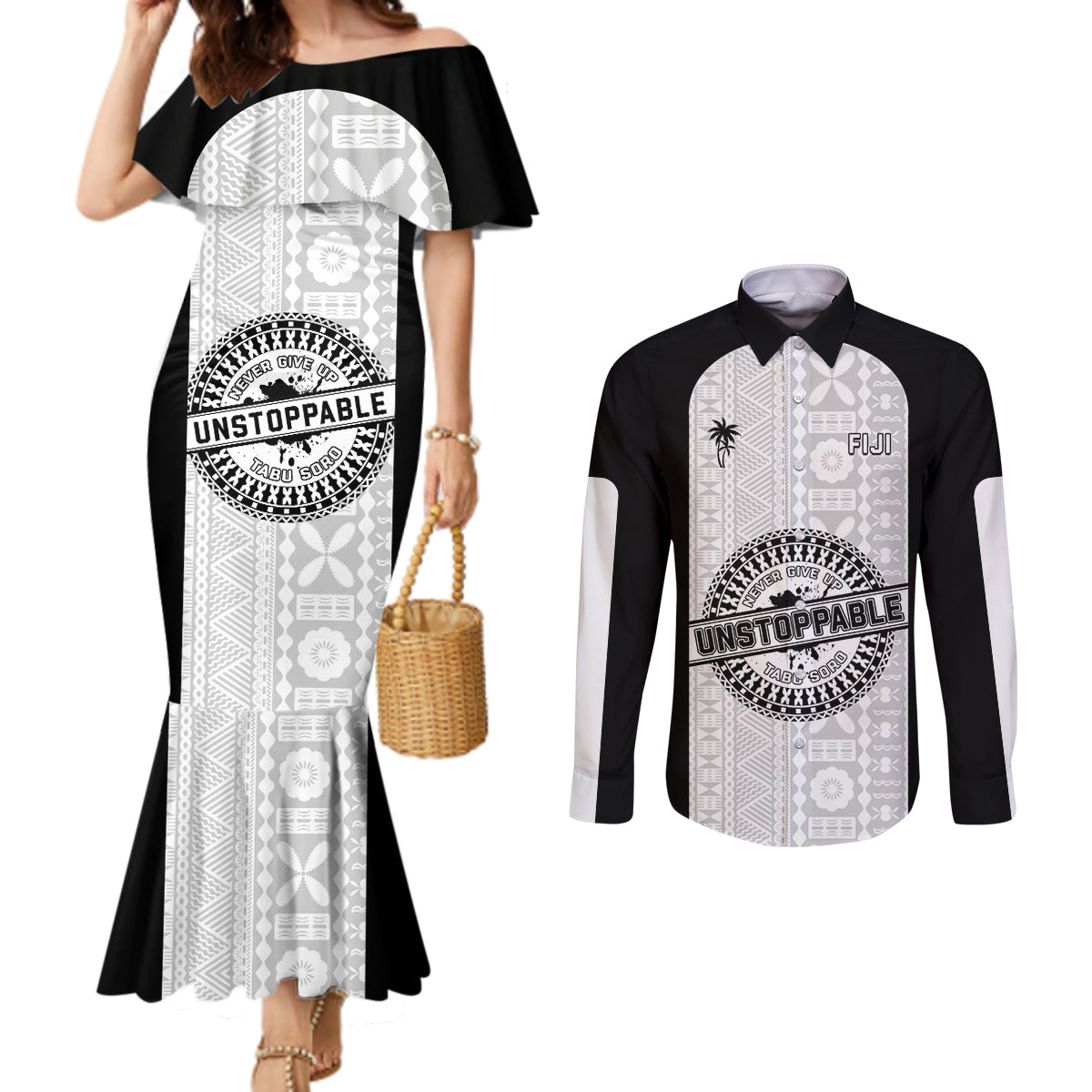 Personalized Fiji Obstacle Race 2023 Couples Matching Mermaid Dress and Long Sleeve Button Shirts Never Give Up LT05 Black - Polynesian Pride