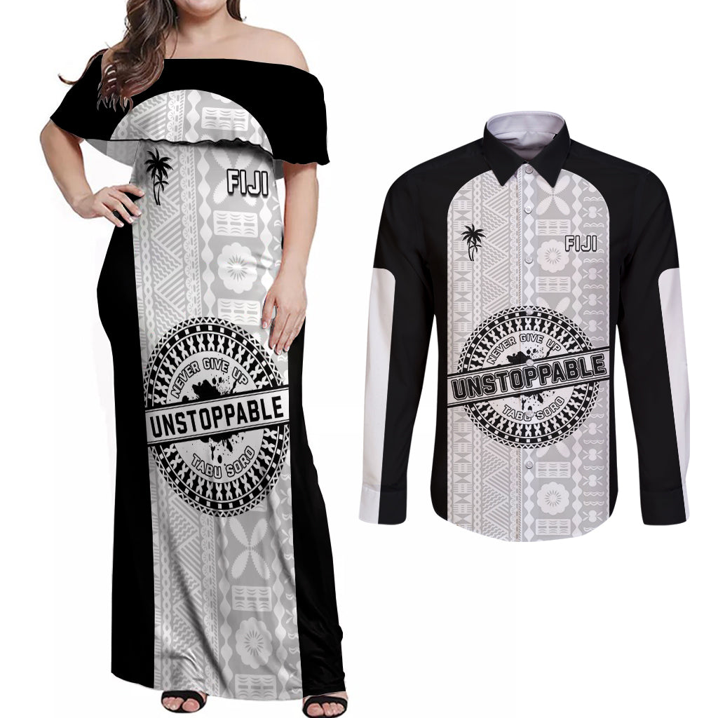 Personalized Fiji Obstacle Race 2023 Couples Matching Off Shoulder Maxi Dress and Long Sleeve Button Shirts Never Give Up LT05 Black - Polynesian Pride