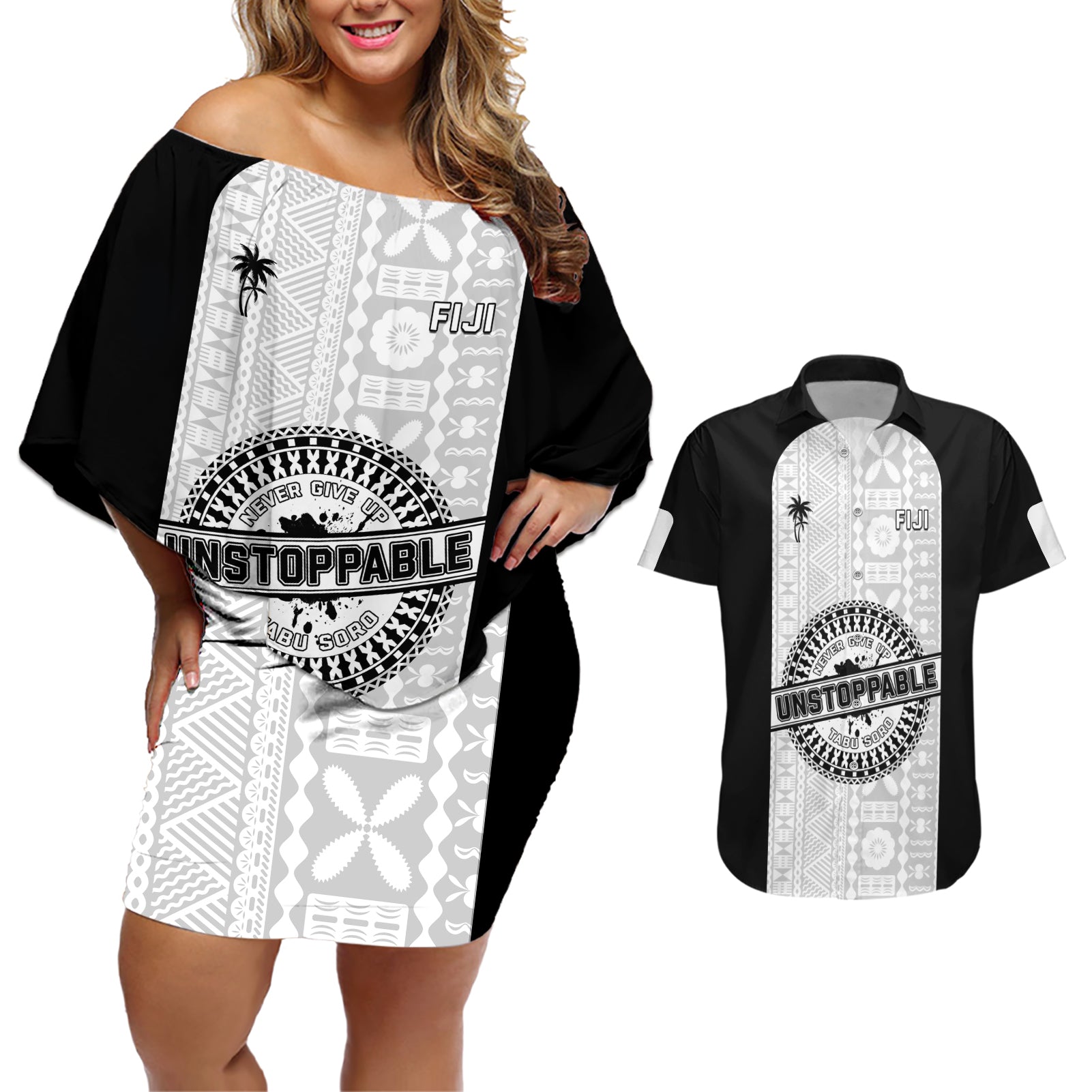 Personalized Fiji Obstacle Race 2023 Couples Matching Off Shoulder Short Dress and Hawaiian Shirt Never Give Up LT05 Black - Polynesian Pride