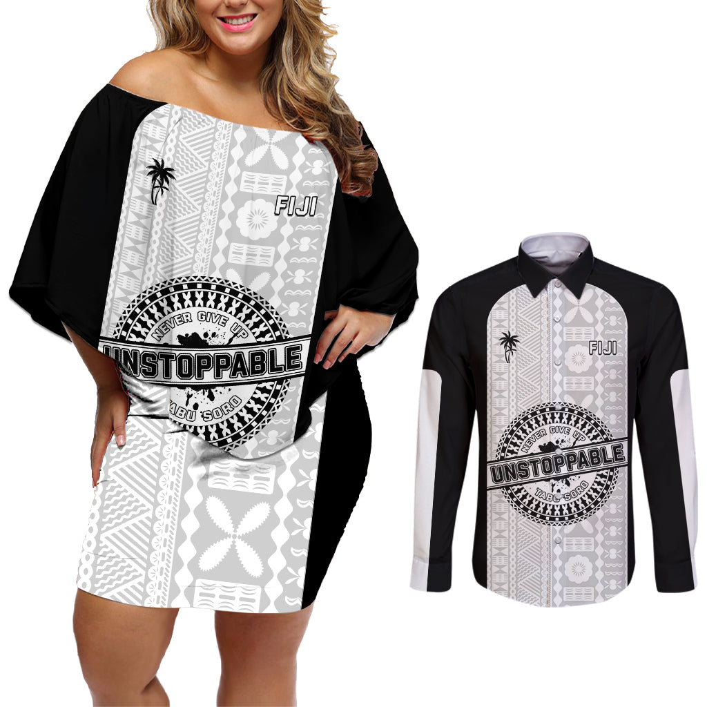 Personalized Fiji Obstacle Race 2023 Couples Matching Off Shoulder Short Dress and Long Sleeve Button Shirts Never Give Up LT05 Black - Polynesian Pride