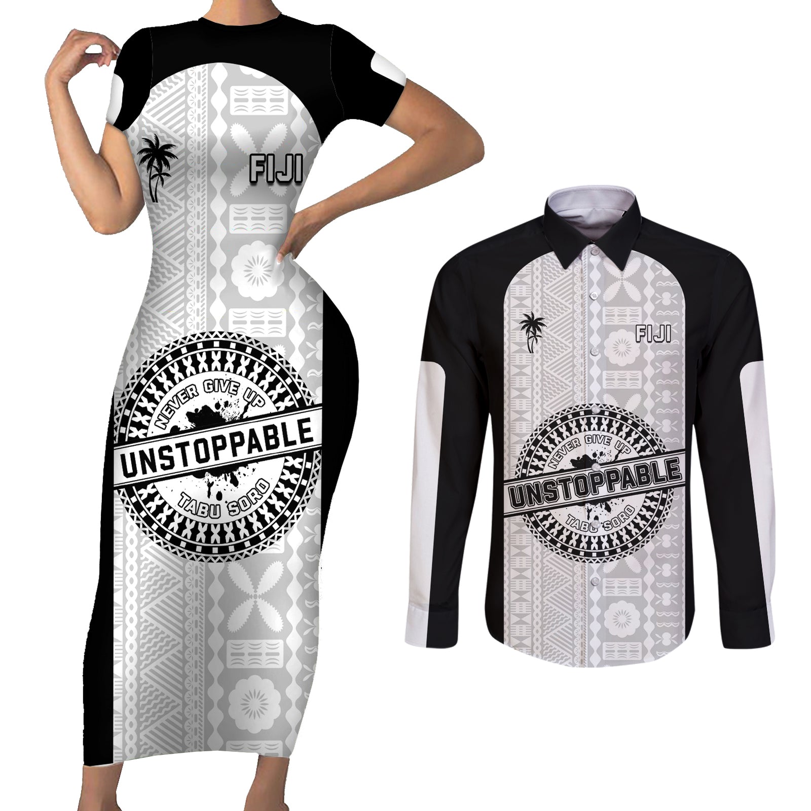 Personalized Fiji Obstacle Race 2023 Couples Matching Short Sleeve Bodycon Dress and Long Sleeve Button Shirts Never Give Up LT05 Black - Polynesian Pride