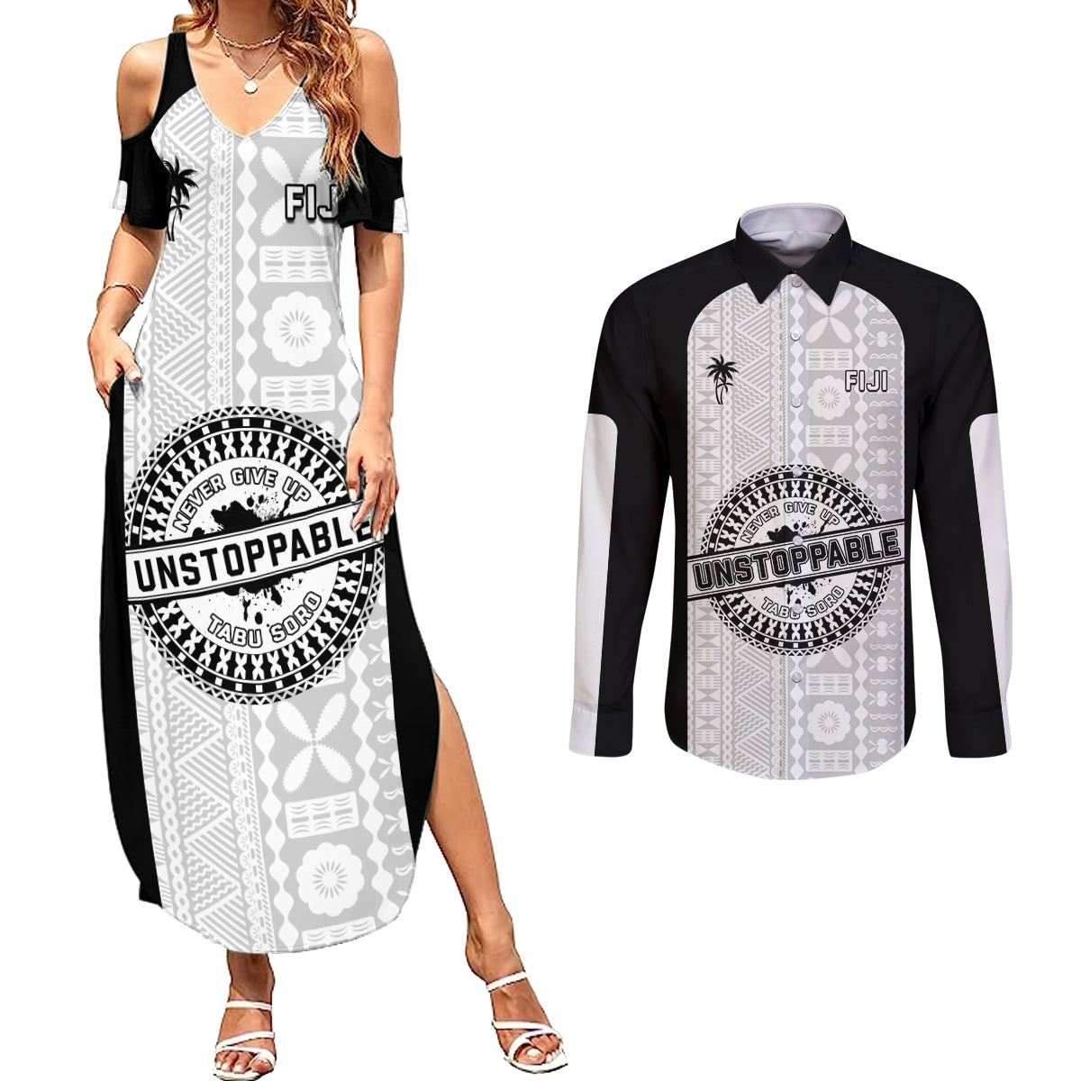 Personalized Fiji Obstacle Race 2023 Couples Matching Summer Maxi Dress and Long Sleeve Button Shirts Never Give Up LT05 Black - Polynesian Pride