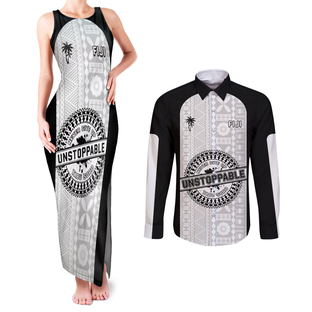 Personalized Fiji Obstacle Race 2023 Couples Matching Tank Maxi Dress and Long Sleeve Button Shirts Never Give Up LT05 Black - Polynesian Pride