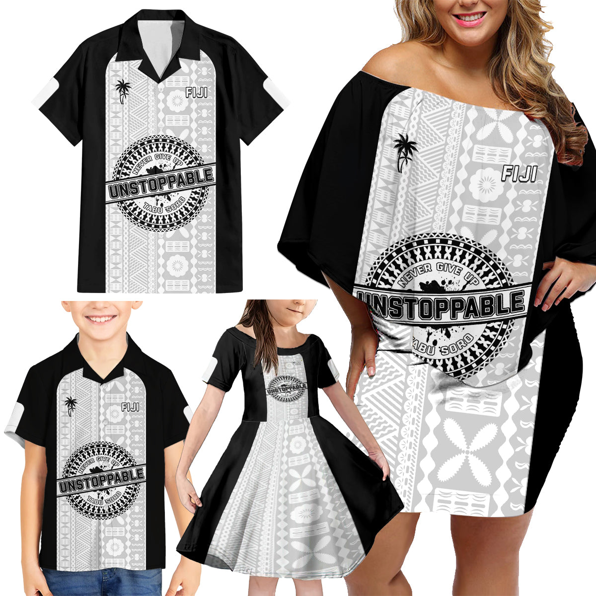 Personalized Fiji Obstacle Race 2023 Family Matching Off Shoulder Short Dress and Hawaiian Shirt Never Give Up LT05 - Polynesian Pride