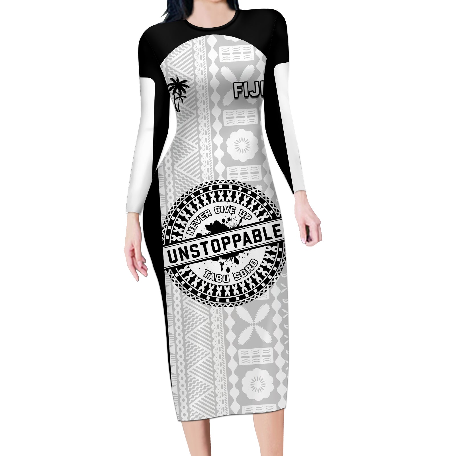 Personalized Fiji Obstacle Race 2023 Long Sleeve Bodycon Dress Never Give Up LT05 Long Dress Black - Polynesian Pride