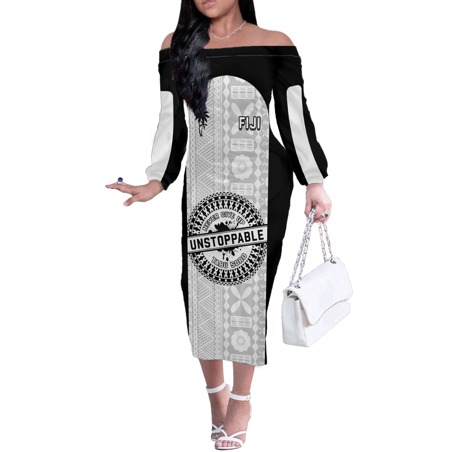 Personalized Fiji Obstacle Race 2023 Off The Shoulder Long Sleeve Dress Never Give Up LT05 Women Black - Polynesian Pride