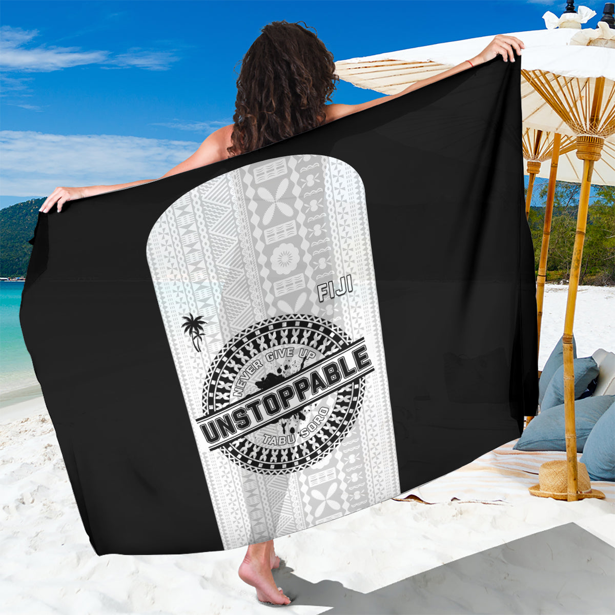 Fiji Obstacle Race 2023 Sarong Never Give Up LT05 One Size 44 x 66 inches Black - Polynesian Pride