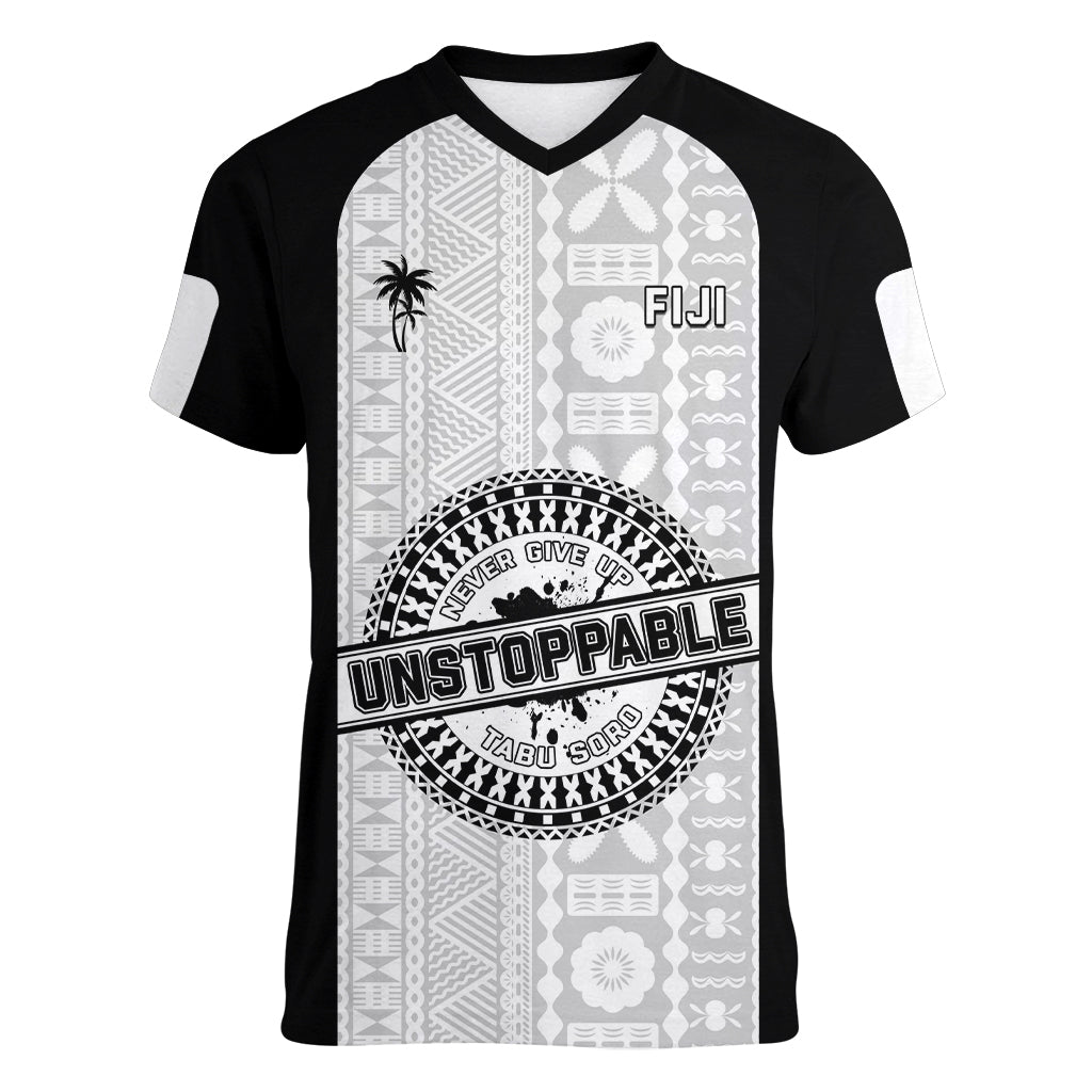 Personalized Fiji Obstacle Race 2023 Women V Neck T Shirt Never Give Up LT05 Female Black - Polynesian Pride