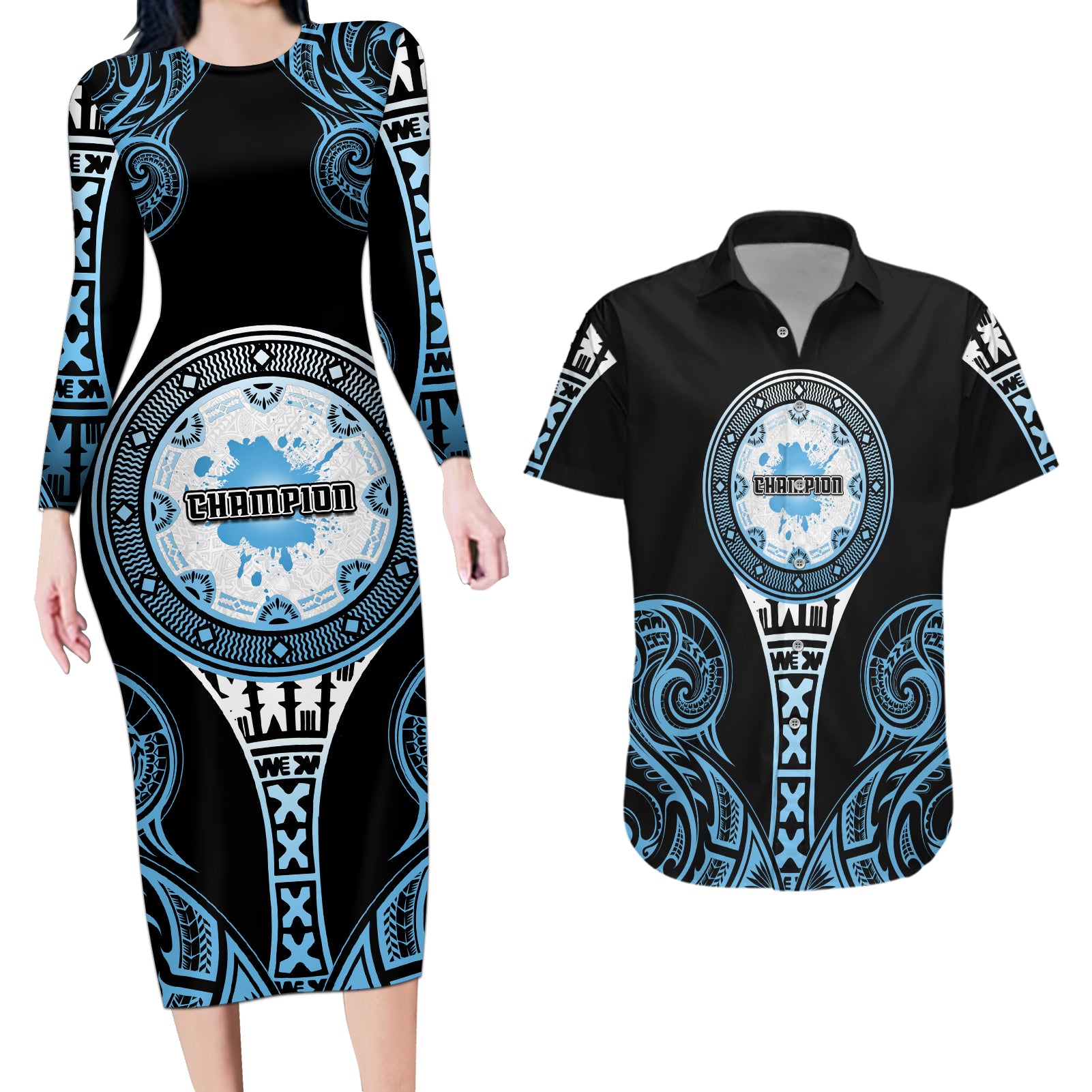 Personalized Fiji Obstacle Race 2023 Couples Matching Long Sleeve Bodycon Dress and Hawaiian Shirt Go Champion LT05 Blue - Polynesian Pride