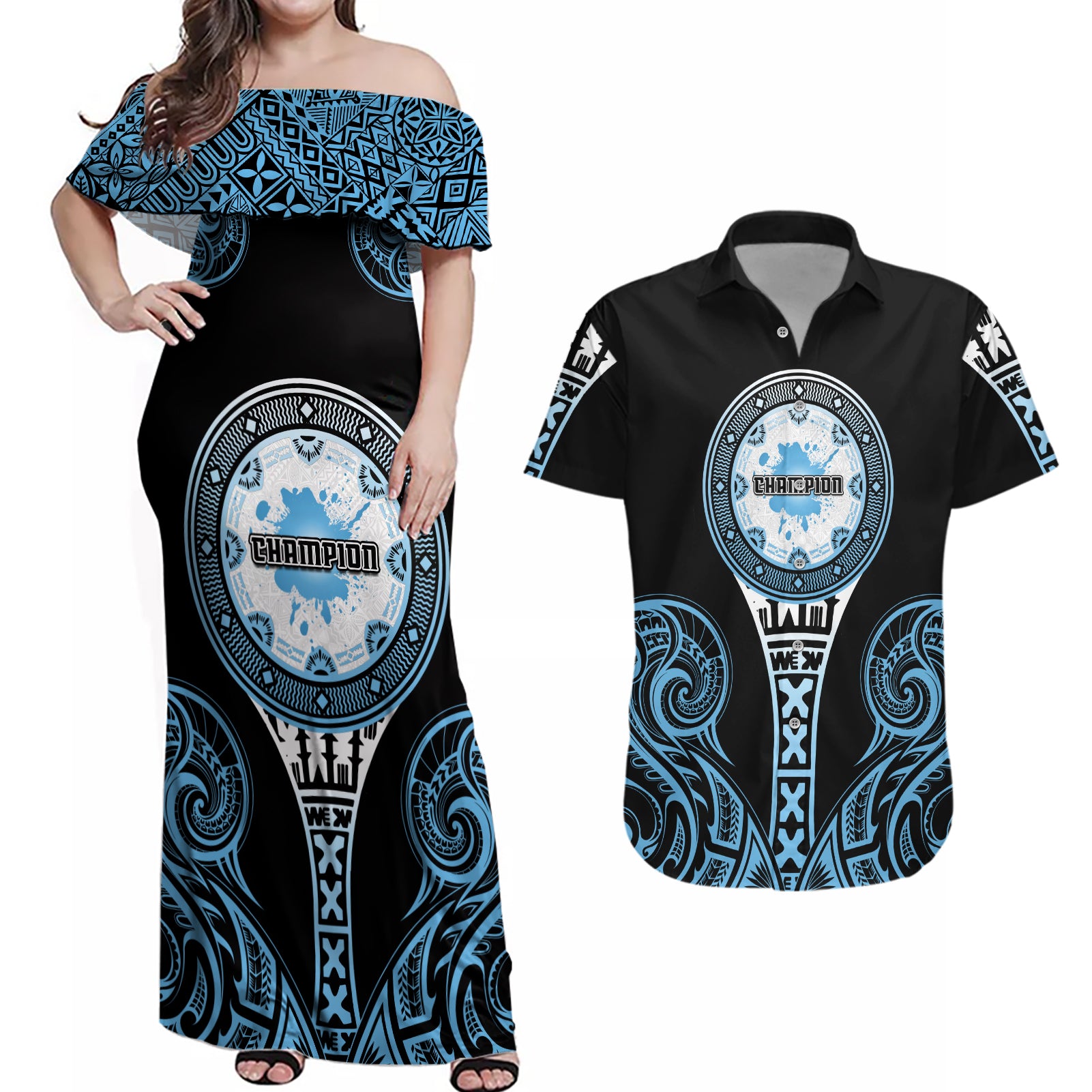 Personalized Fiji Obstacle Race 2023 Couples Matching Off Shoulder Maxi Dress and Hawaiian Shirt Go Champion LT05 Blue - Polynesian Pride