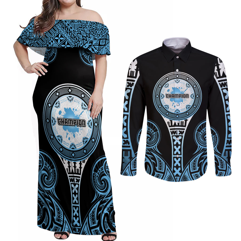 Personalized Fiji Obstacle Race 2023 Couples Matching Off Shoulder Maxi Dress and Long Sleeve Button Shirts Go Champion LT05 Blue - Polynesian Pride