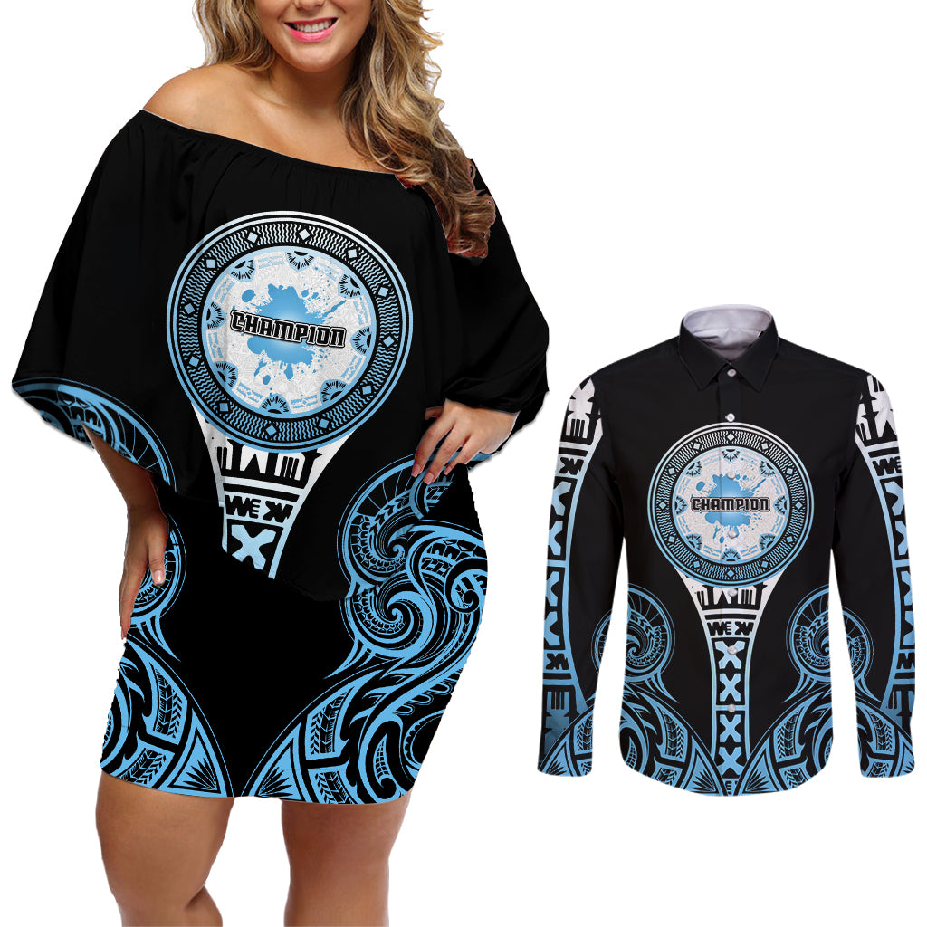 Personalized Fiji Obstacle Race 2023 Couples Matching Off Shoulder Short Dress and Long Sleeve Button Shirts Go Champion LT05 Blue - Polynesian Pride